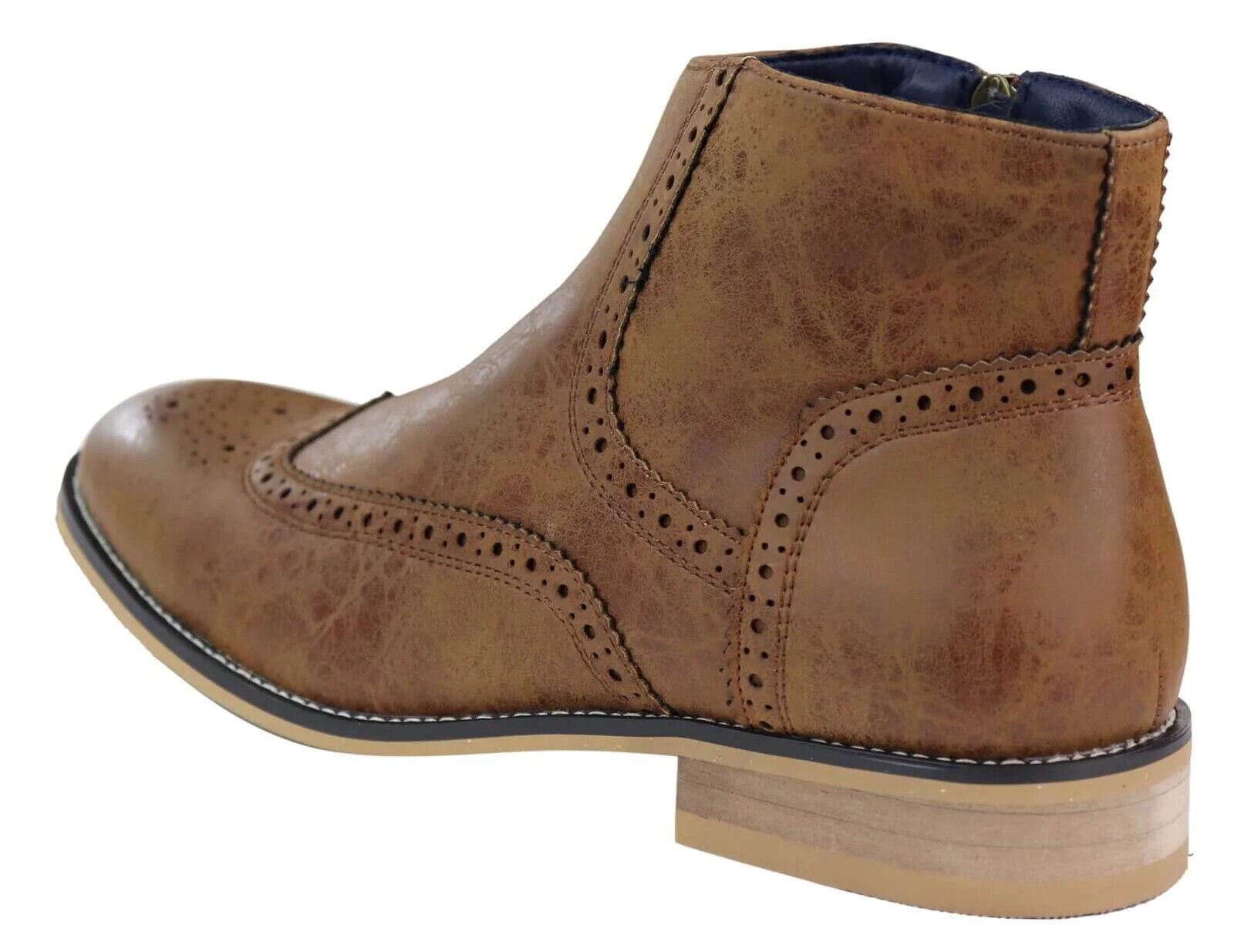 Mens Tan Leather Brogue Zip Up Chelsea Boots