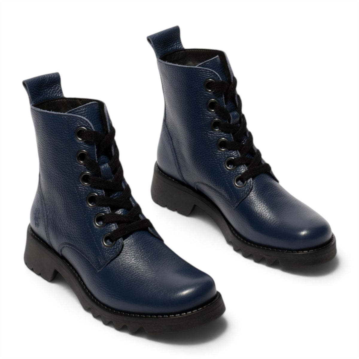 Fly London Womens Navy Blue Leather Lace-Up Heeled Ankle Boots - RAMY488
