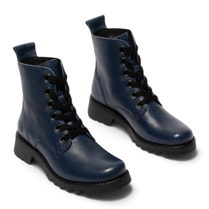 Fly London Womens Navy Blue Leather Lace-Up Heeled Ankle Boots - RAMY488