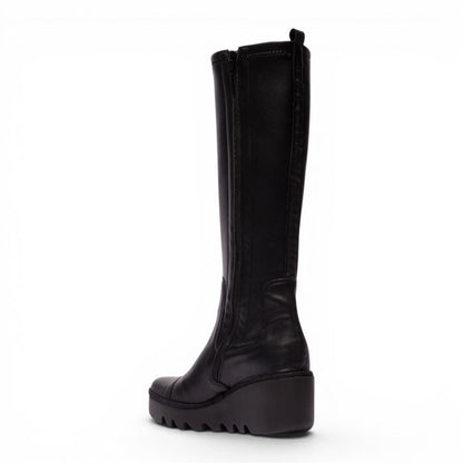 Fly London Womens Black Leather High Wedge Heel Long Boots - BUDI603