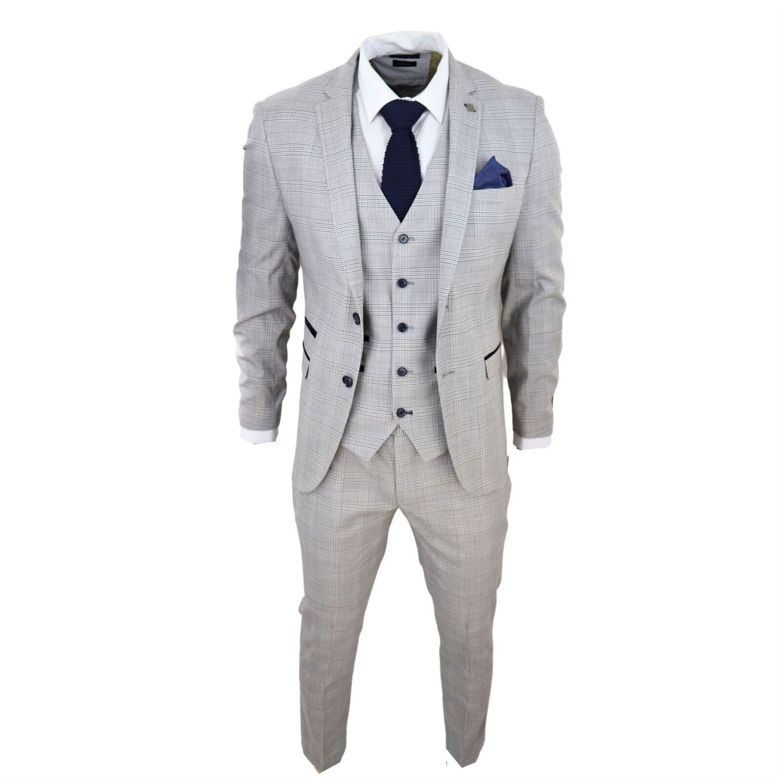 Mens Grey 3 Piece Tan Brown Check Tailored Fit Suit - Upperclass Fashions 