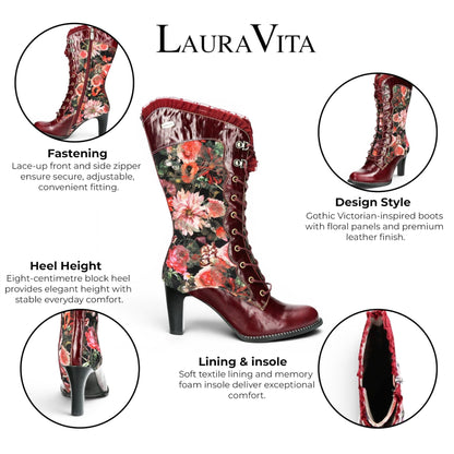 Laura Vita Floral Womens Goth Victorian Red Leather Heeled High Boots - Alcbane-351
