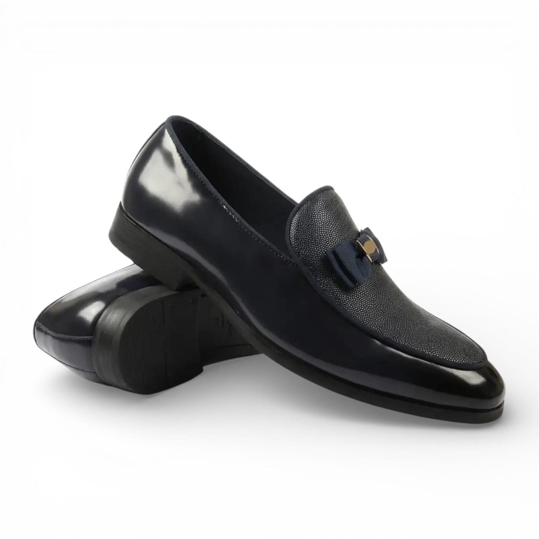 Mens Navy Blue Textured Front Iconic Buckle Bow Loafers Shoes