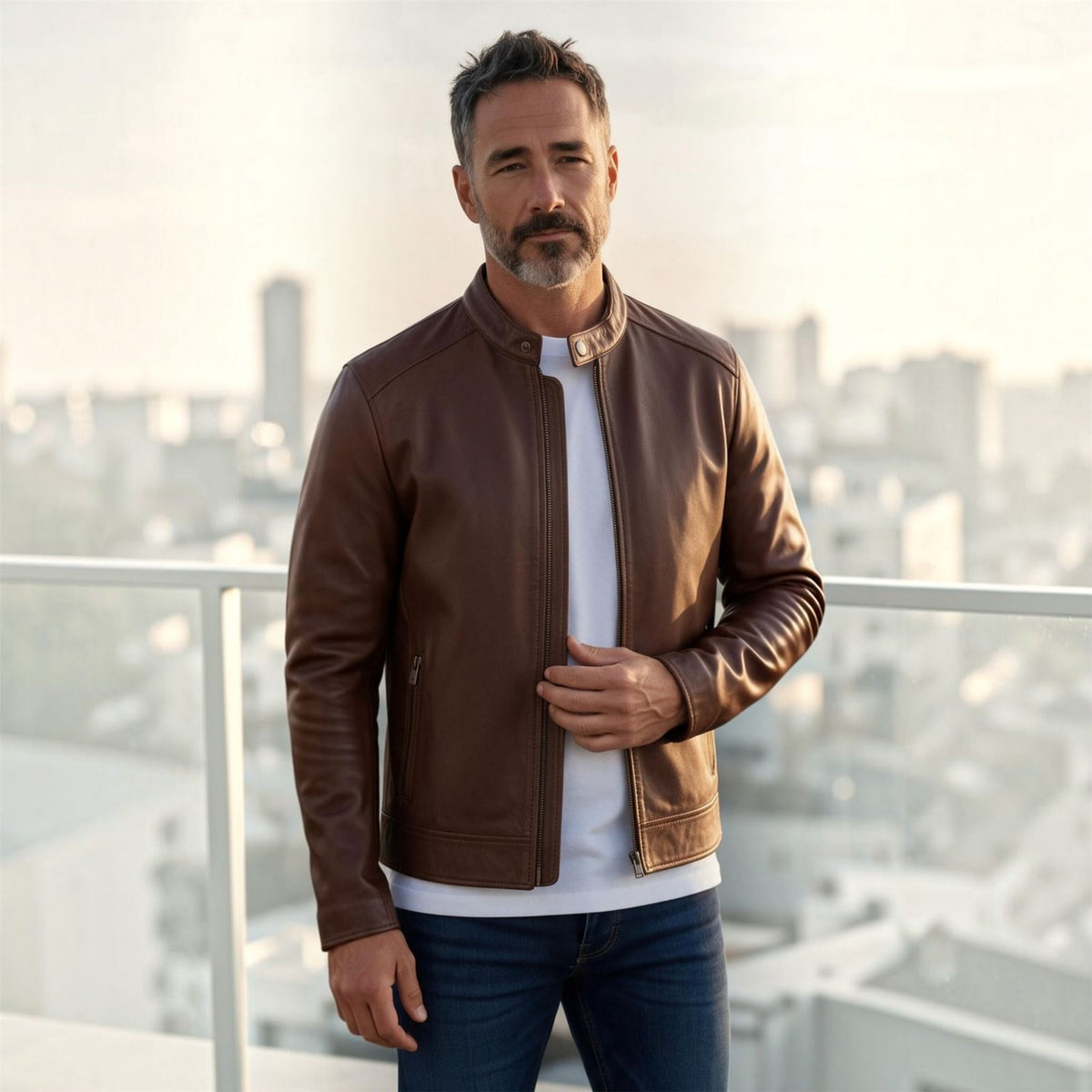 Mens Leather Stand Collar Cafe Racer Biker Jacket - E184