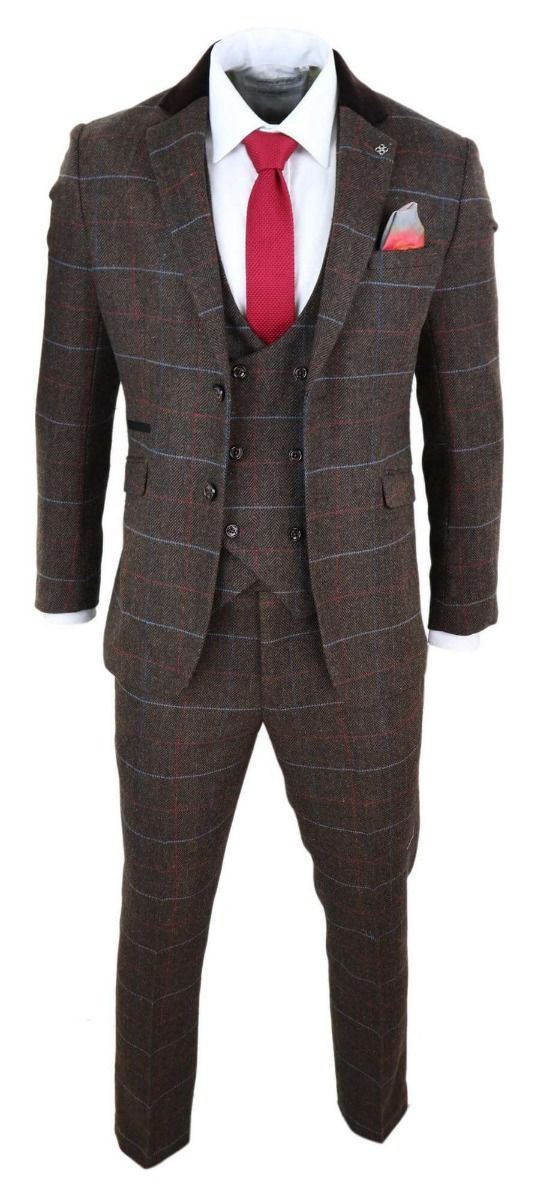 Mens 3 Piece Dark Brown Check Tweed Herringbone Vintage Classic Suit - Upperclass Fashions 