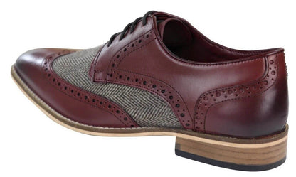 Mens Classic Oxford Tweed Brogue Derby Shoes in Burgundy Leather - Upperclass Fashions 