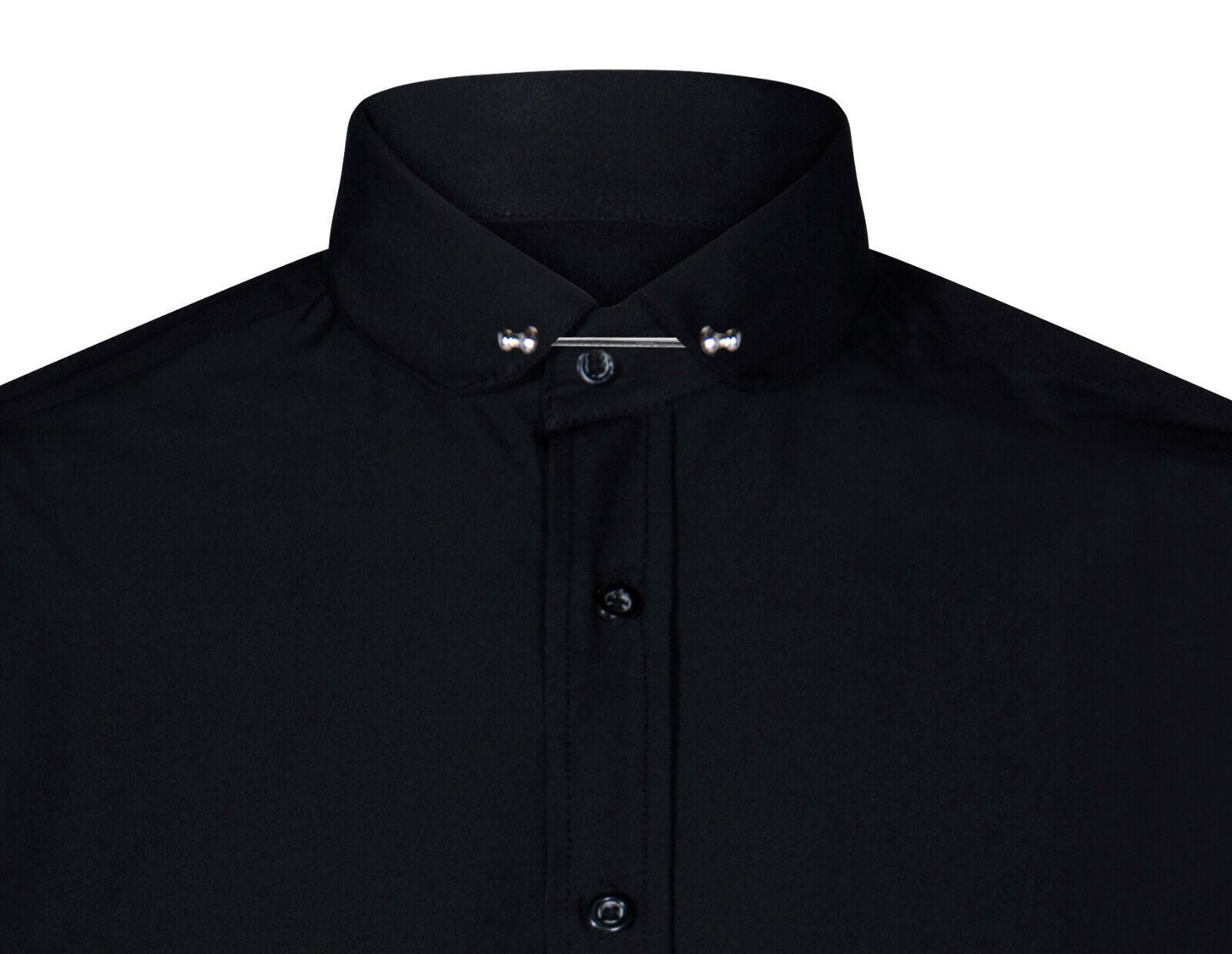 Mens Club Collar Black Shirt 1920s Peaky Blinders With Bar Poplin Pin Smart