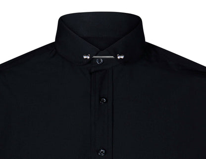 Mens Club Collar Black Shirt 1920s Peaky Blinders With Bar Poplin Pin Smart