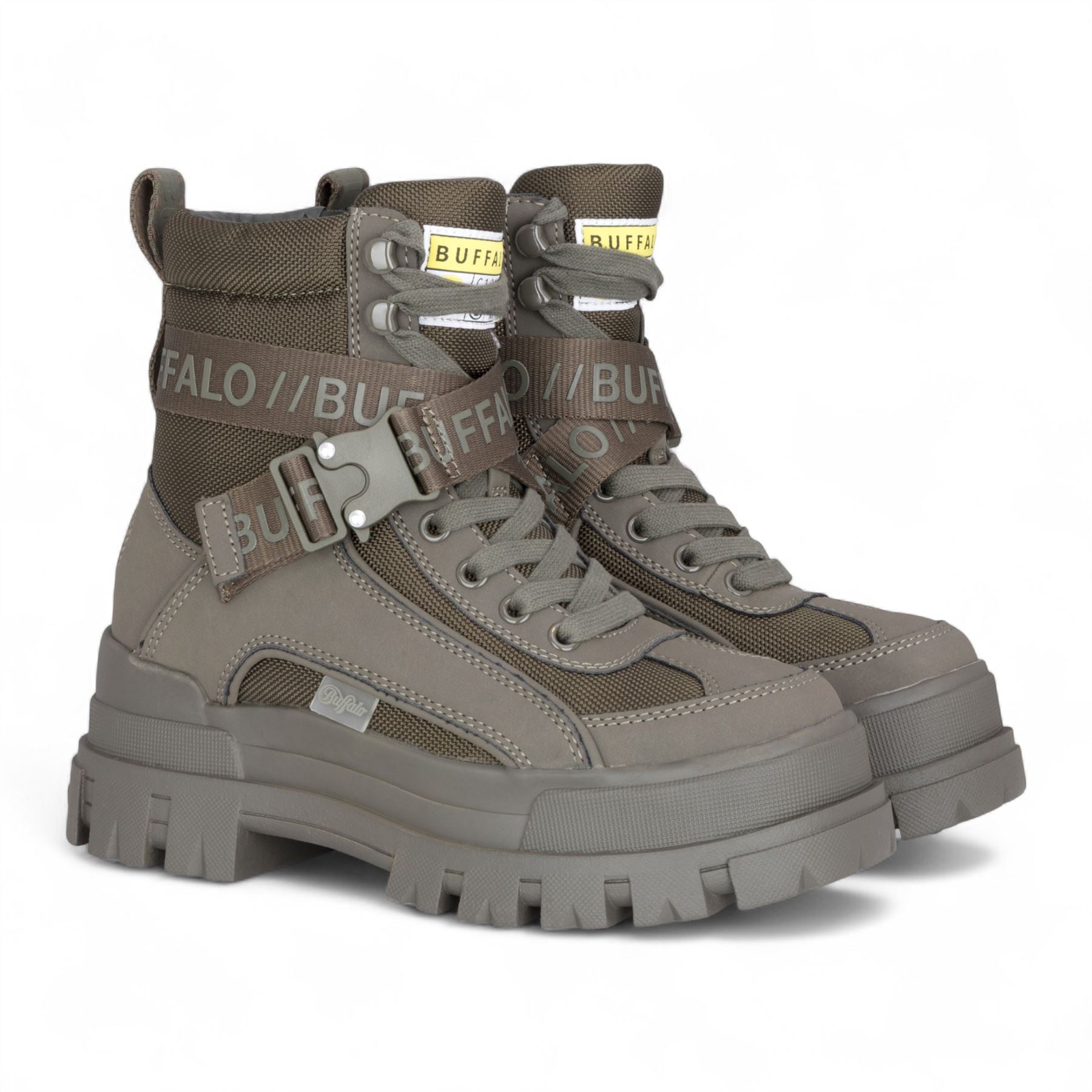 Buffalo Womens Khaki Chunky Platform High Ankle Combat Boots - ASPHA-COM1