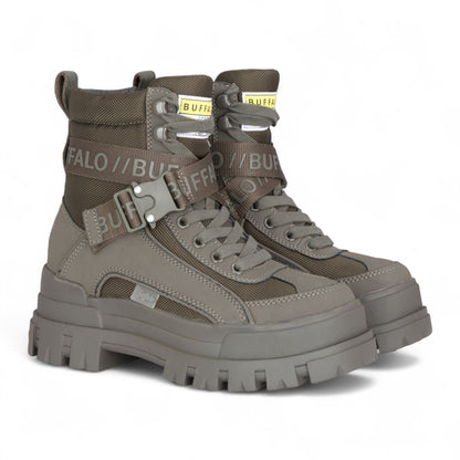 Buffalo Womens Khaki Chunky Platform High Ankle Combat Boots - ASPHA-COM1