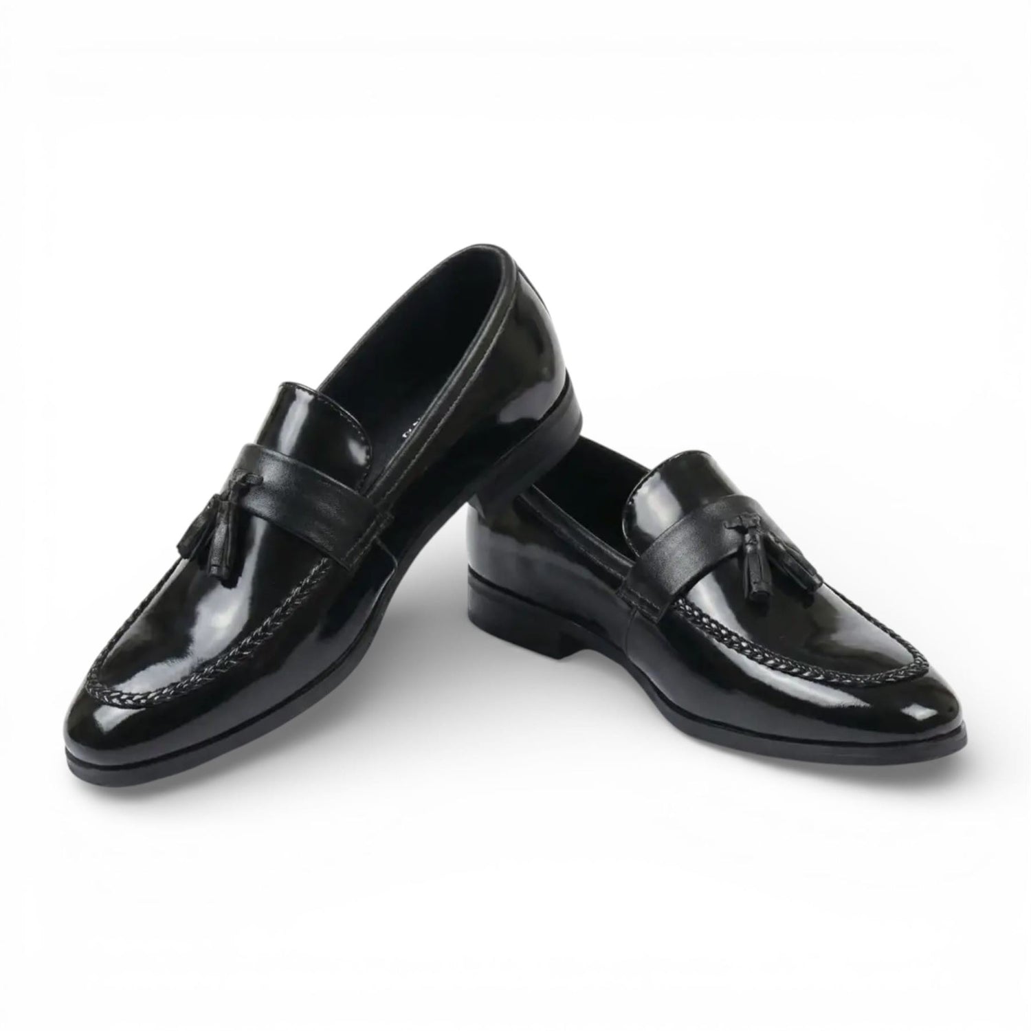 Mens Olive Tassel High-Gloss Patent Faux Leather Formal Loafers Shoes