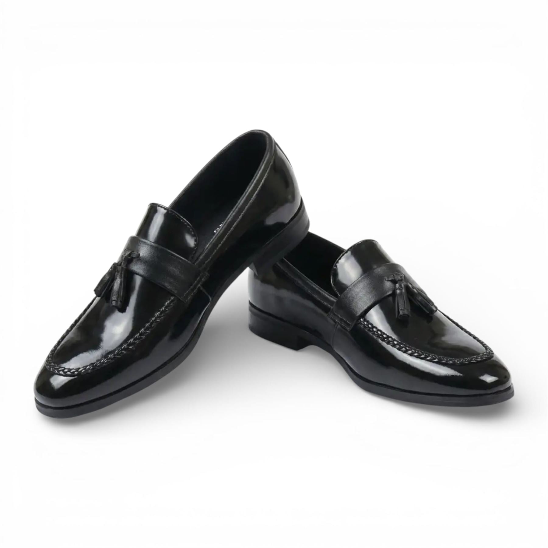 Mens Olive Tassel High-Gloss Patent Faux Leather Formal Loafers Shoes