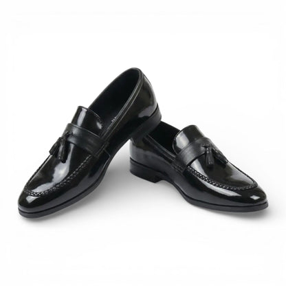 Mens Olive Tassel High-Gloss Patent Faux Leather Formal Loafers Shoes