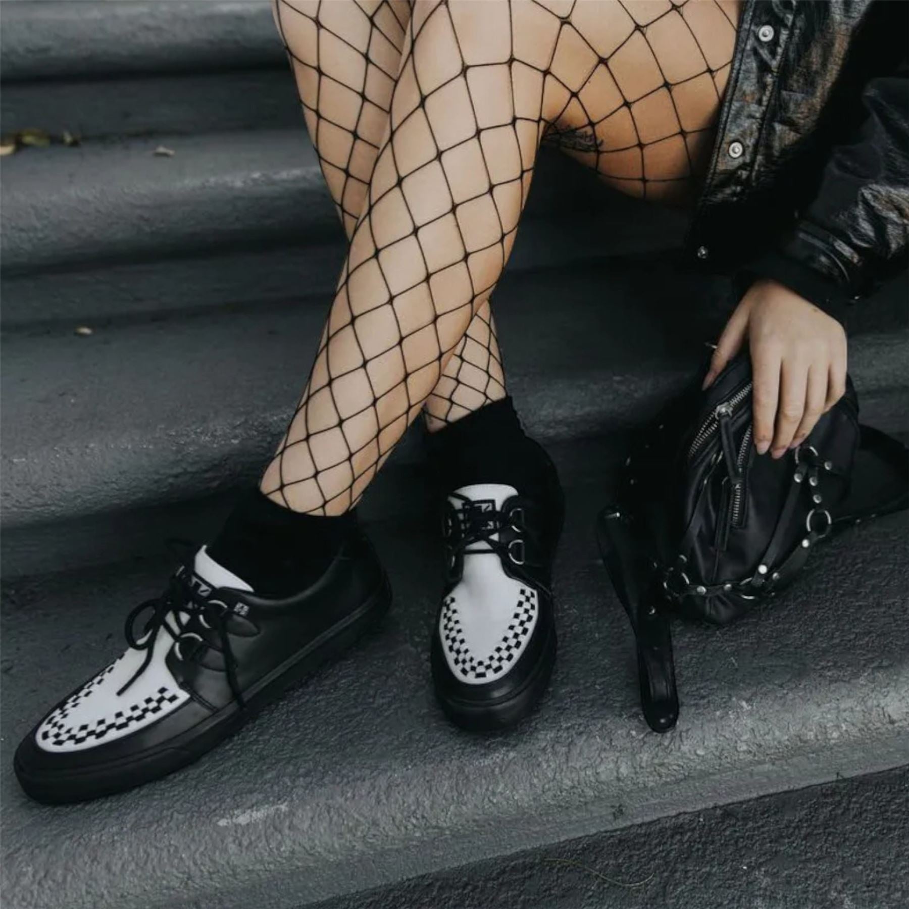 TUK Pointed Creeper Sneaker Black White Leather Platform Shoes - A9180