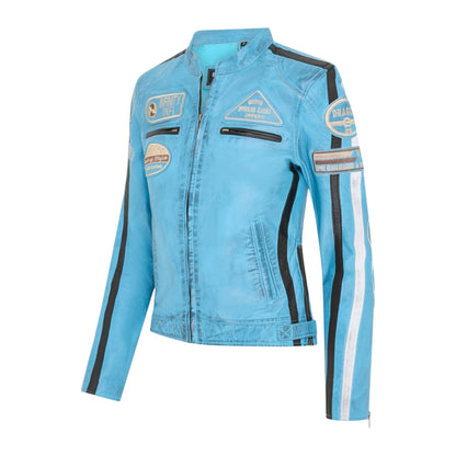 Womens Biker Racing Badges Leather Jacket-Eastleigh