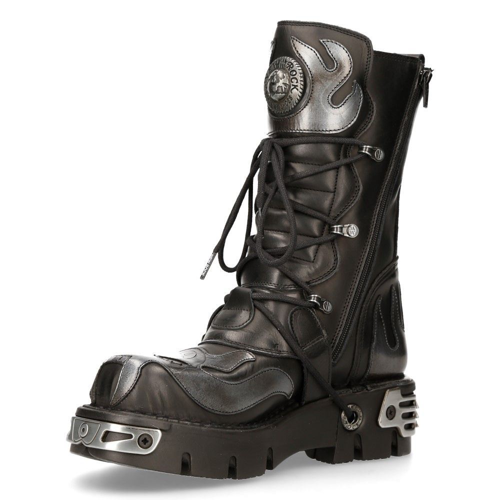 New Rock Flame Accented Black/Silver Leather Biker Boots- 107-S2