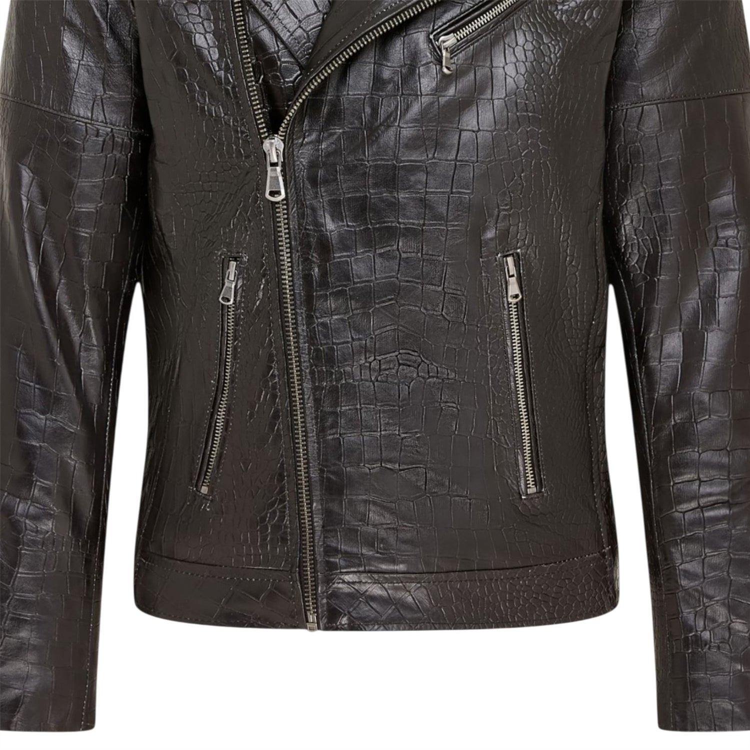 Mens Cow Leather Alligator Print Embossed Biker Jacket - Rot