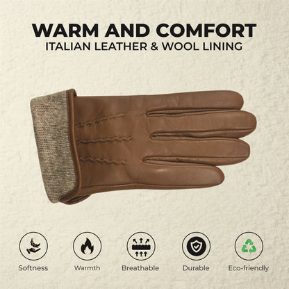 Womens Italian Leather Winter Stitch Line Design Soft Wool Lining Gloves