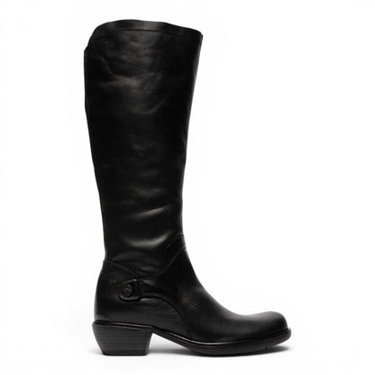 Fly London Womens Black Leather High Heeled Riding Long Boots - MISTRY