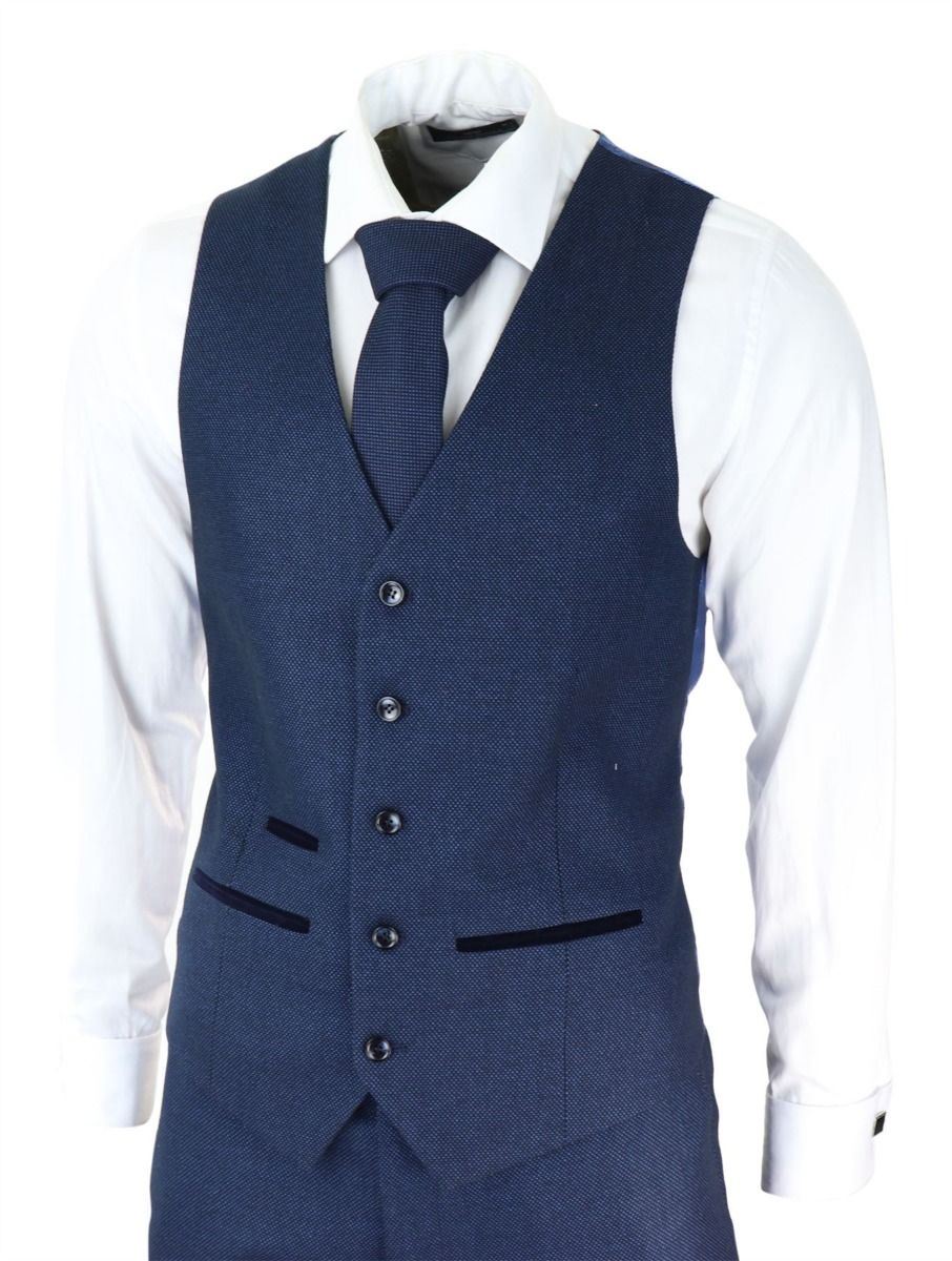 Mens 3 Piece Navy Blue Birdseye Tweed Classic Suit - Upperclass Fashions 