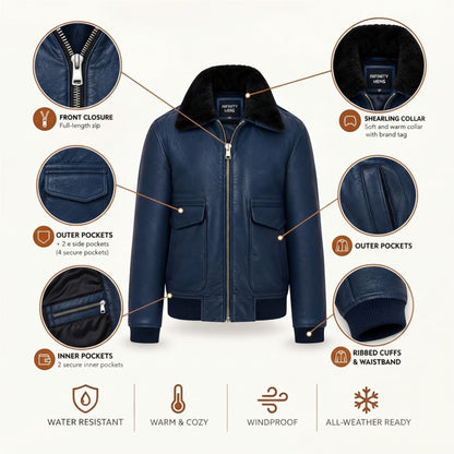 Mens Leather Aviator Bomber Jacket - Lunar