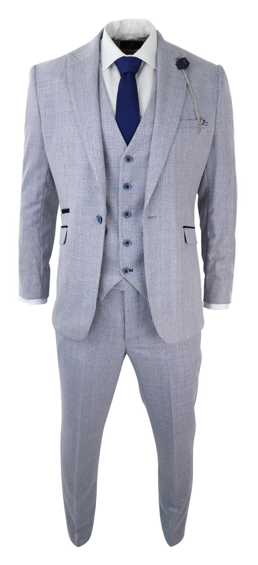 Mens 3 Piece Tweed Suit Light Blue Check Peaky Blinders 1920 Gatsby Wedding Suit