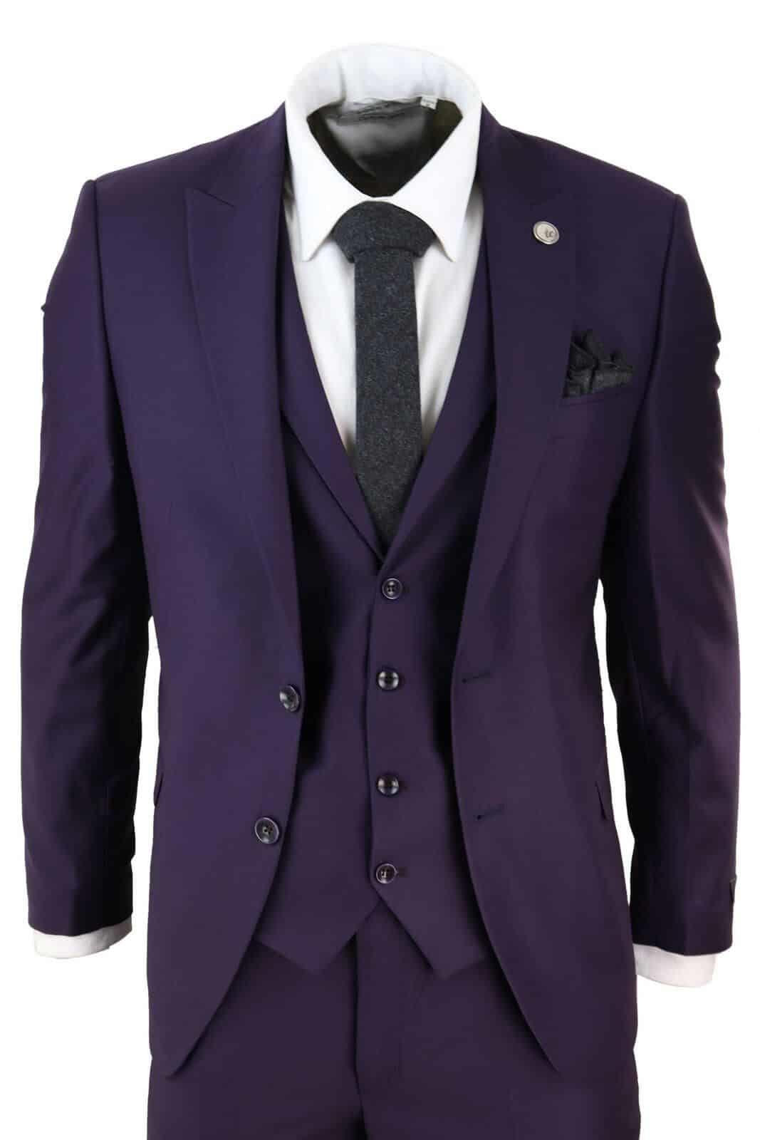 New Mens 3 Piece Suit Plain Purple Classic Tailored Fit Smart Casual 1920s Formal - Upperclass Fashions 