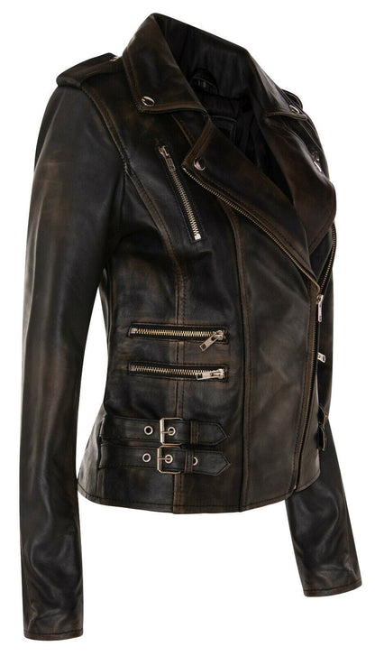 Womens Leather Brando Biker Jacket - Orlando