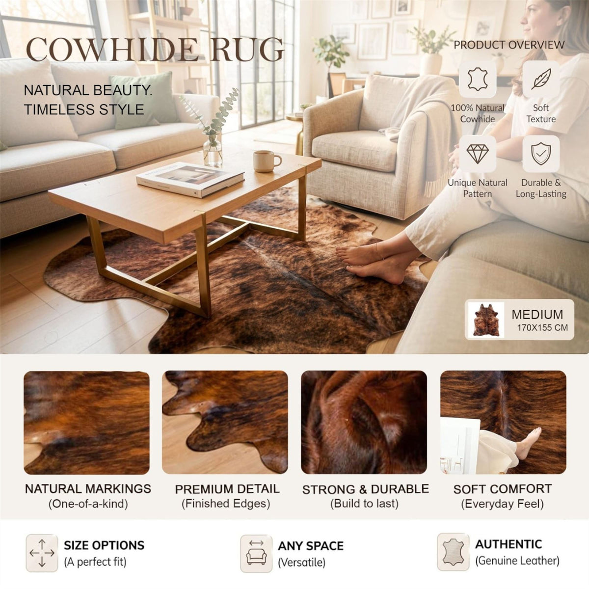Natural Cow Leather Cowhide Hairon Rug - Dark Brindle