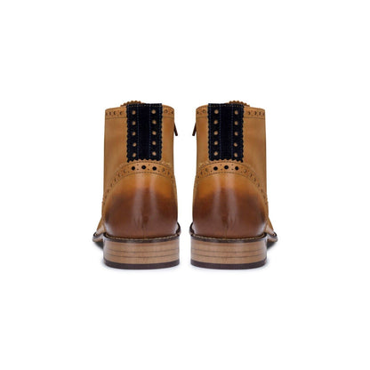 Mens Classic Oxford Tan Leather Gatsby Brogue Ankle Boots with Navy Suede