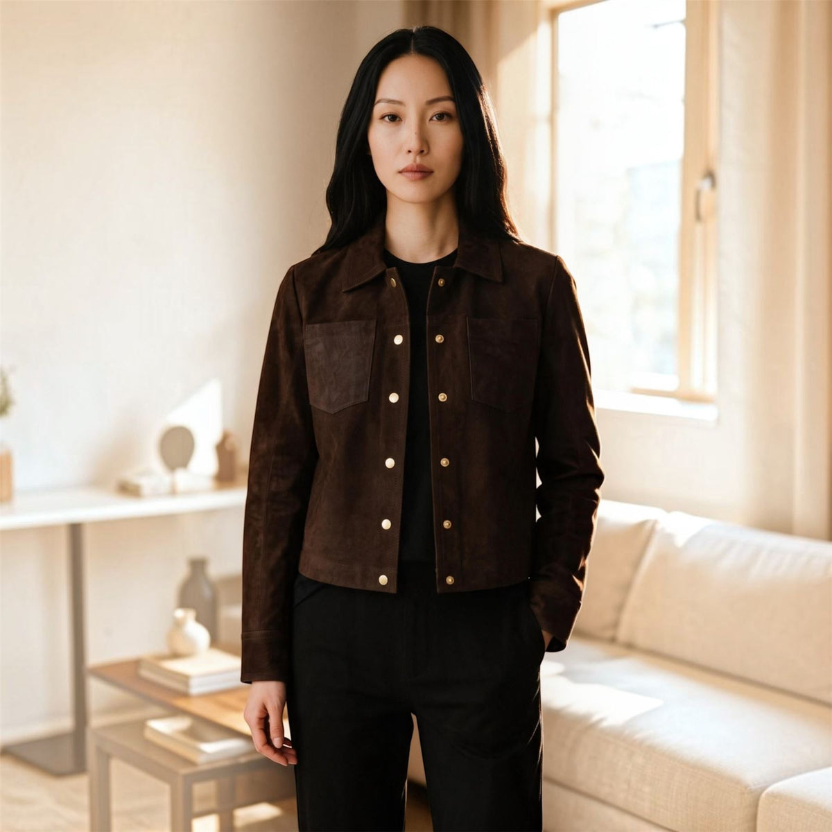Womens Leather Shacket Collar Jacket - Lofar