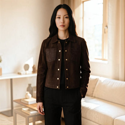Womens Leather Shacket Collar Jacket - Lofar