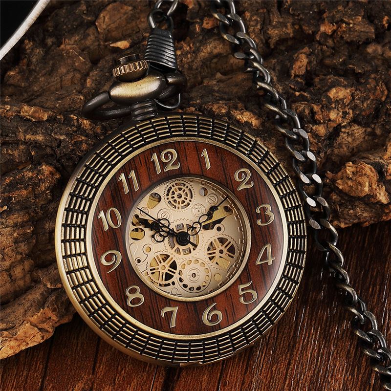 Antique Gold Wooden Half-Hunter Skeleton Alloy Pocket Watch