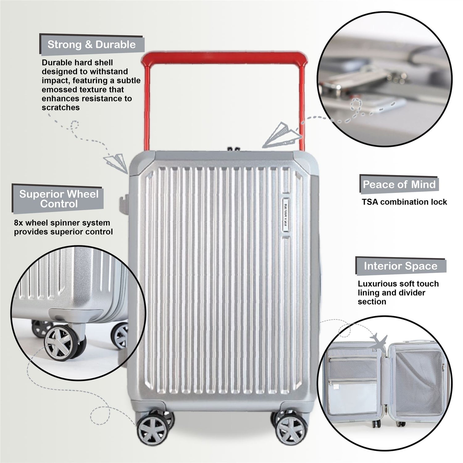Hard Shell Silver Rimowa Inspired TSA Cabin Luggage Suitcase Durable Spinner Carry-On