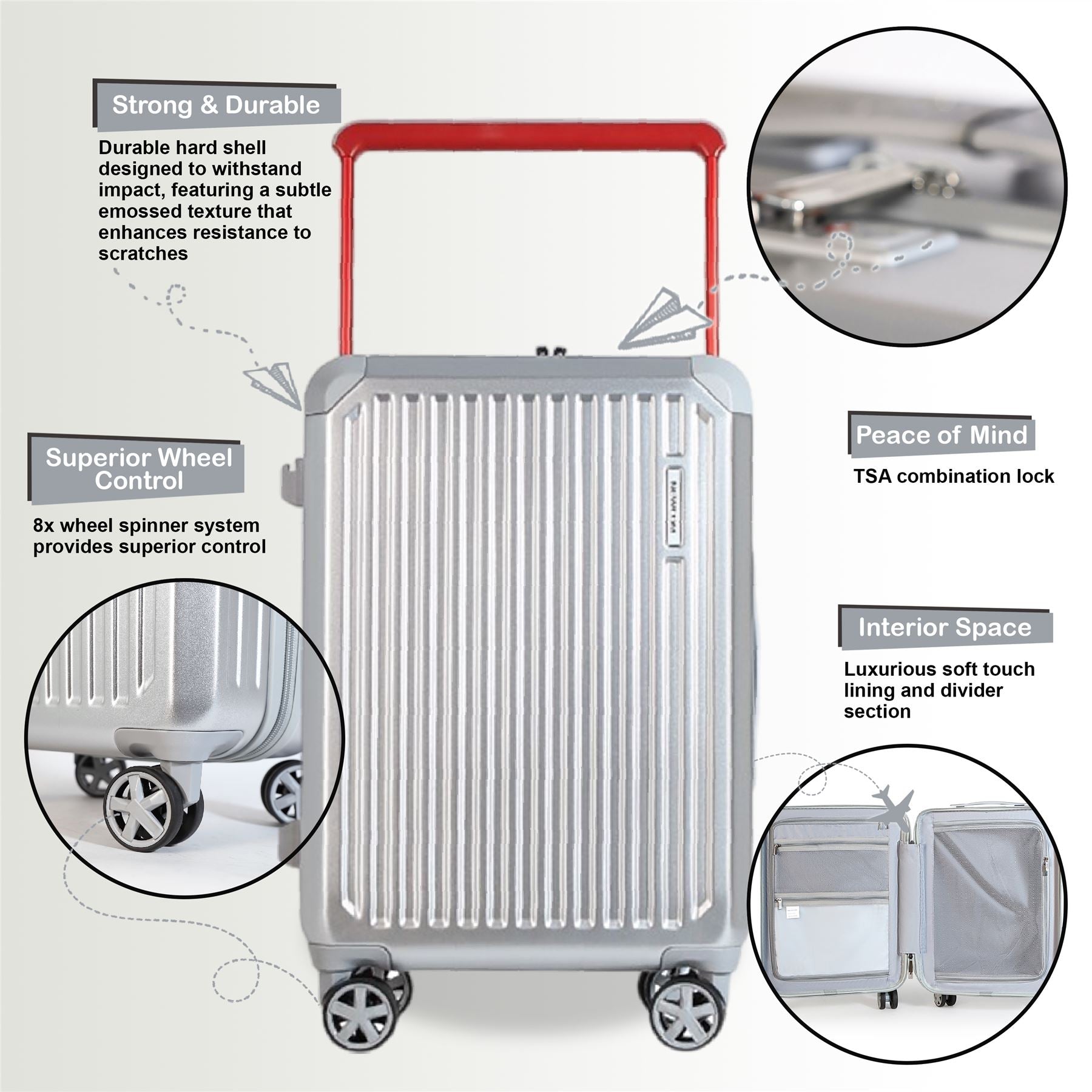 Hard Shell Silver Rimowa Inspired TSA Cabin Luggage Suitcase Durable Spinner Carry-On