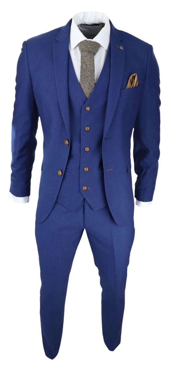 Mens 3 Piece Royal Blue Birdseye Classic Suit - Upperclass Fashions 