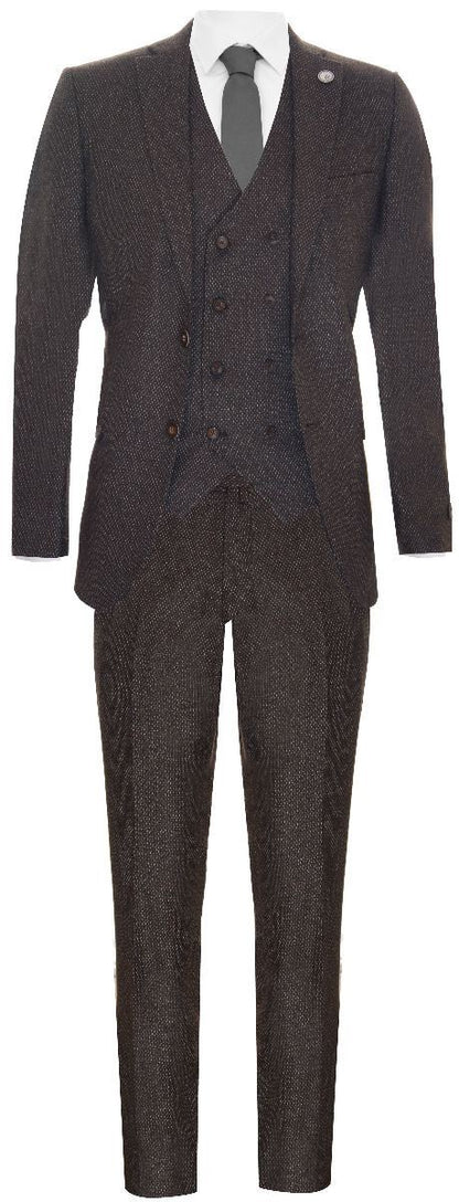 Mens Brown Wool 3 Piece Suit Double Breasted Tweed Peaky Blinders 1920