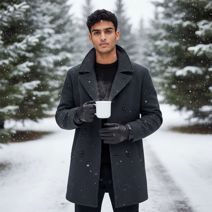 Men’s Italian Leather Warm Wool Lining Winter Knit Rib Gloves - M-LGV-105