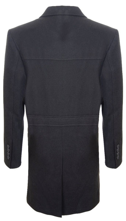 Mens 3/4 Long Black Wool Coat Crombie Overcoat Jacket Peaky Blinders Slim Fit
