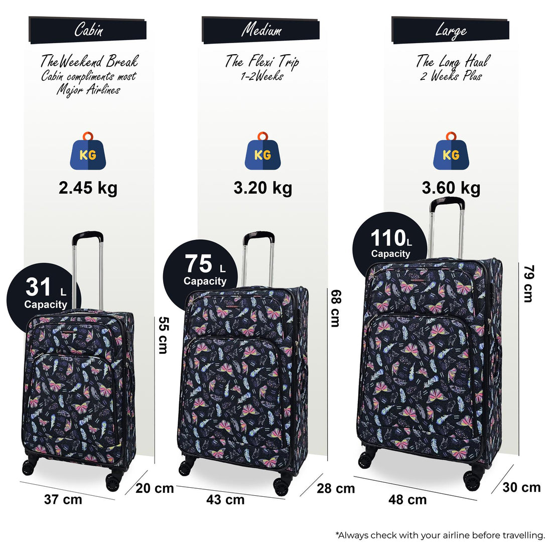 Ashville Set of 3 Soft Shell Suitcase in Butterfly