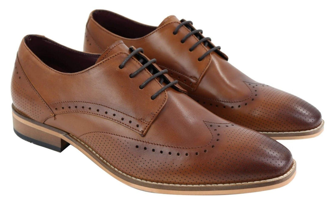 Mens Classic Oxford Brogue Shoes in Perforated Tan Leather - Upperclass Fashions 
