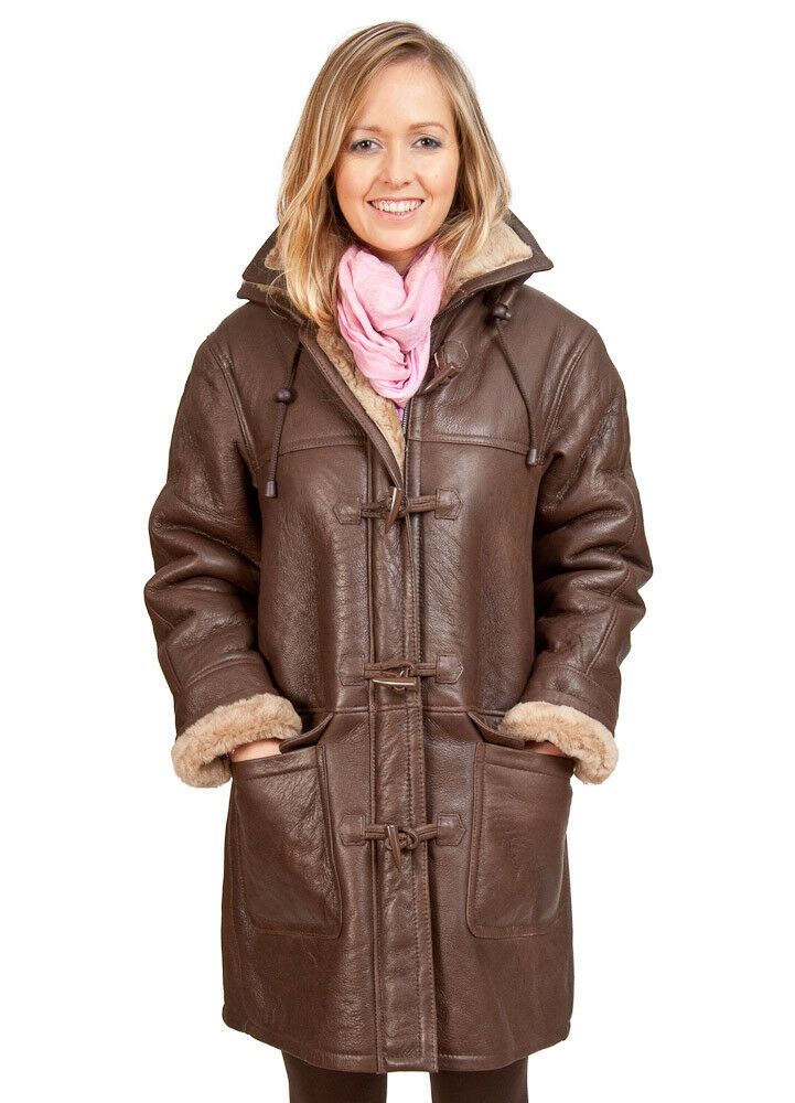 Womens Brown Shearling Hooded Duffle Coat-Rugby