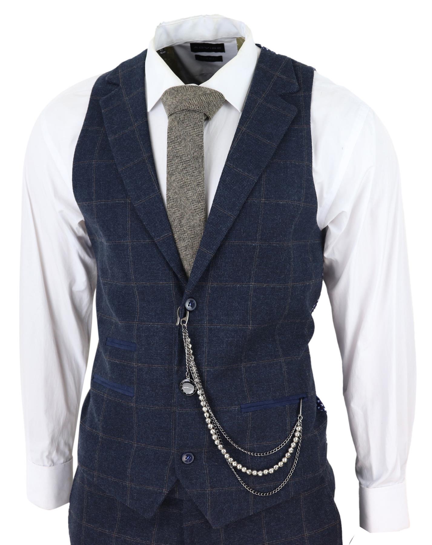 Mens 3 Piece Wool Suit Navy Blue Tweed Check Peaky Blinders 1920 Gatsby Formal - Upperclass Fashions 