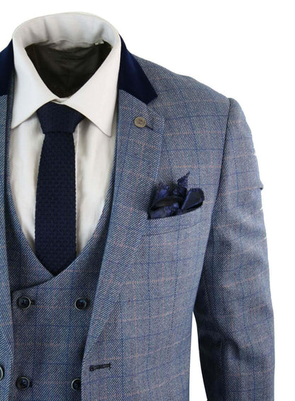 Mens 3 Piece Blue Grey Herringbone Check Suit - Upperclass Fashions 