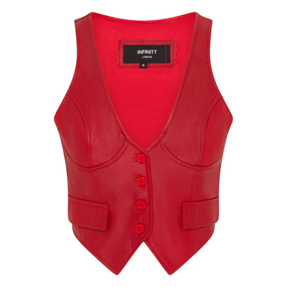 Womens Red Leather Waistcoat Biker Vest - MAM-WC
