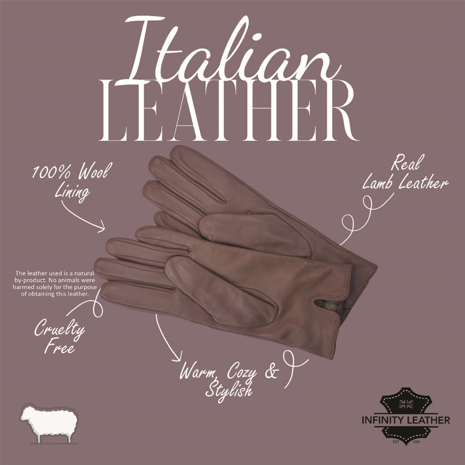 Womens Italian Leather Winter Button Design Soft Wool Lining Gloves - L-GLV-501