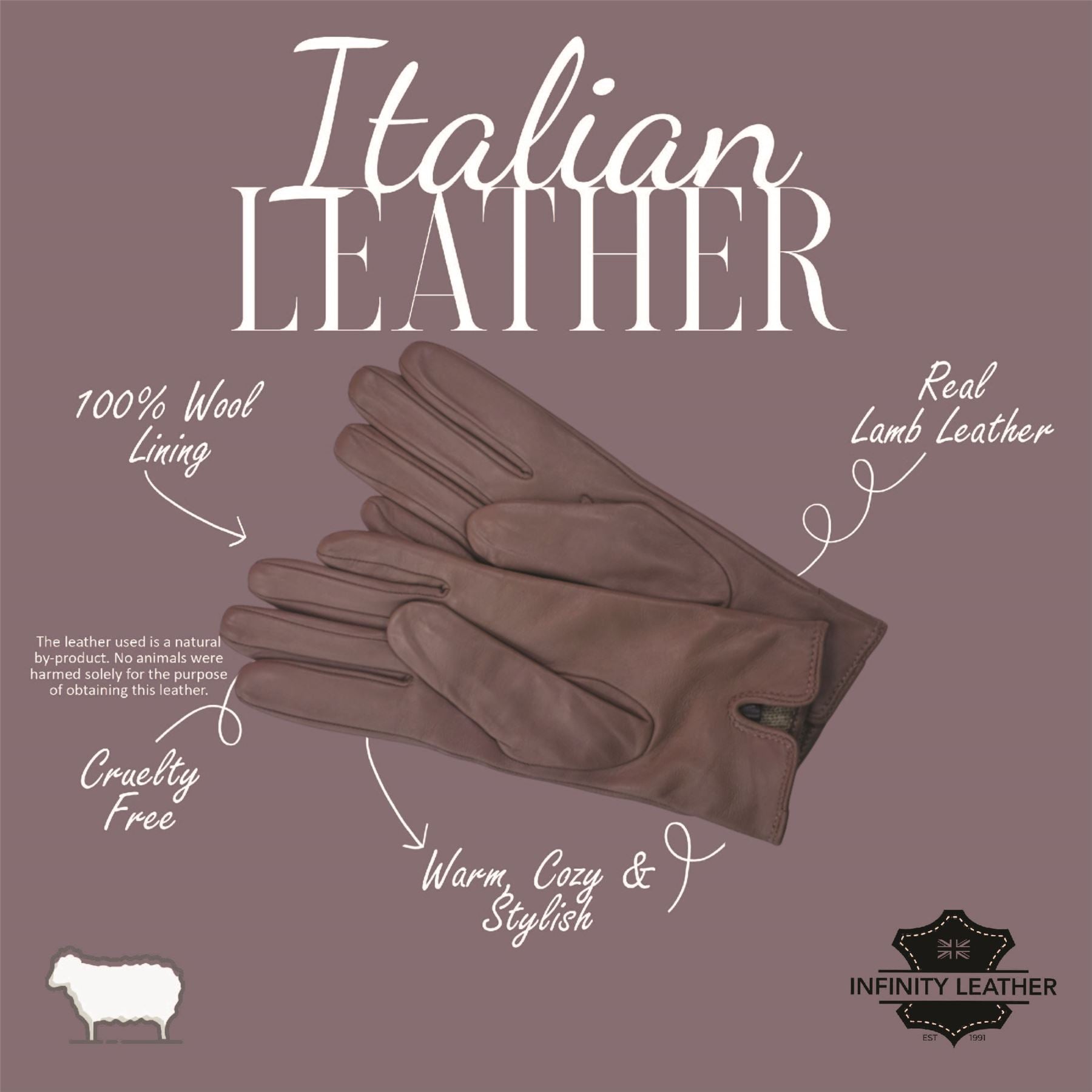 Womens Italian Leather Winter Button Design Soft Wool Lining Gloves - L-GLV-501