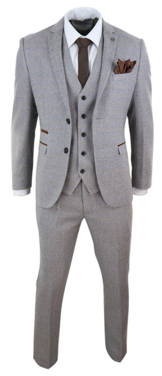 Mens 3 Piece Cream Tweed Check Vintage Retro Suit - Upperclass Fashions 