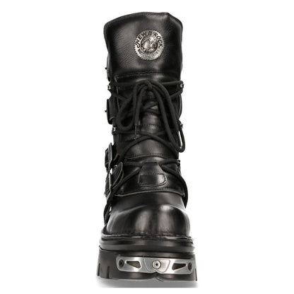 New Rock Unisex Black Leather Gothic Mid-Calf Boots-373-S4 - Upperclass Fashions 