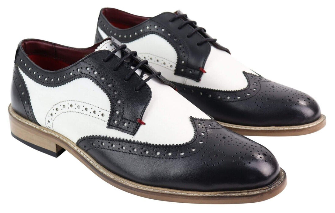 Mens Classic Oxford Brogue Gatsby Shoes in Black/White Leather - Upperclass Fashions 